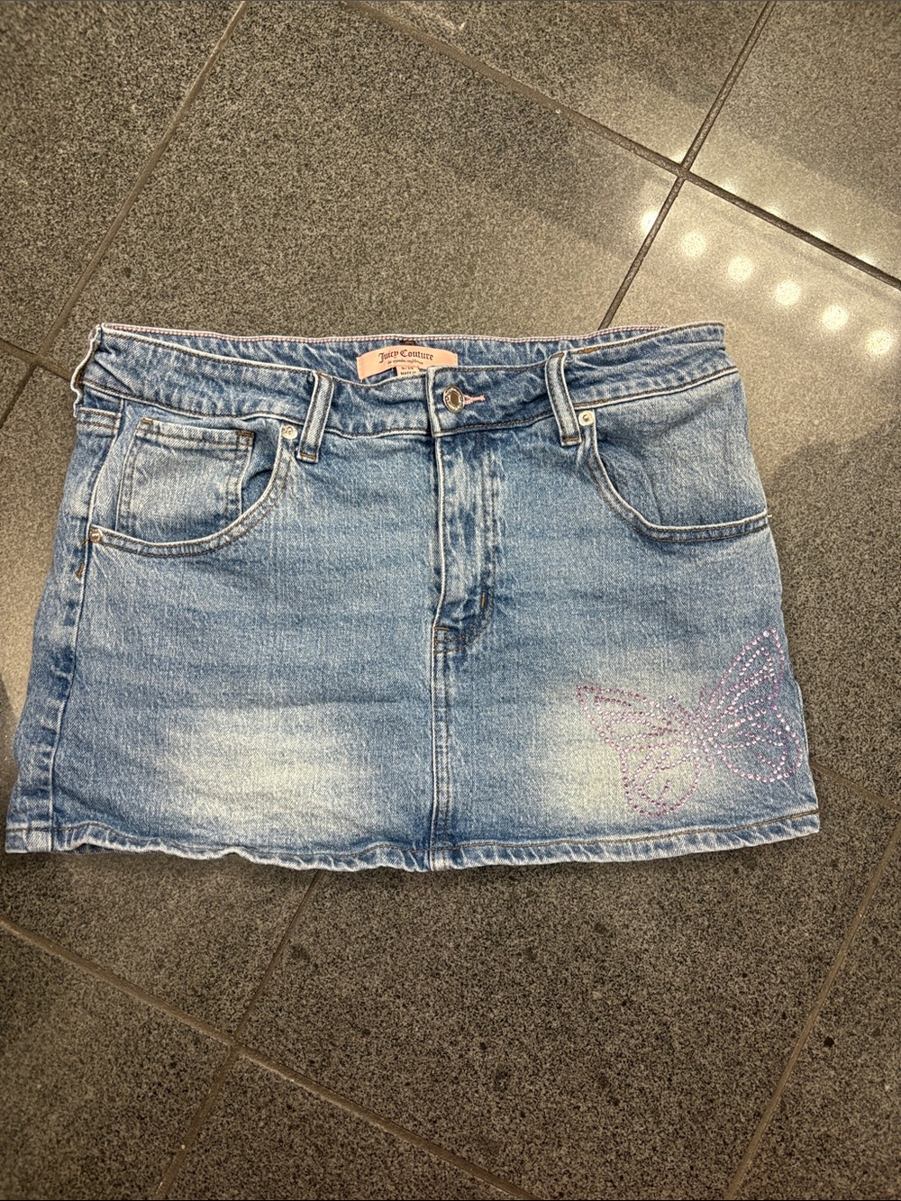 Juicy Couture Light Blue Denim Mini Skirt with Rhinestone Butterfly NWOT